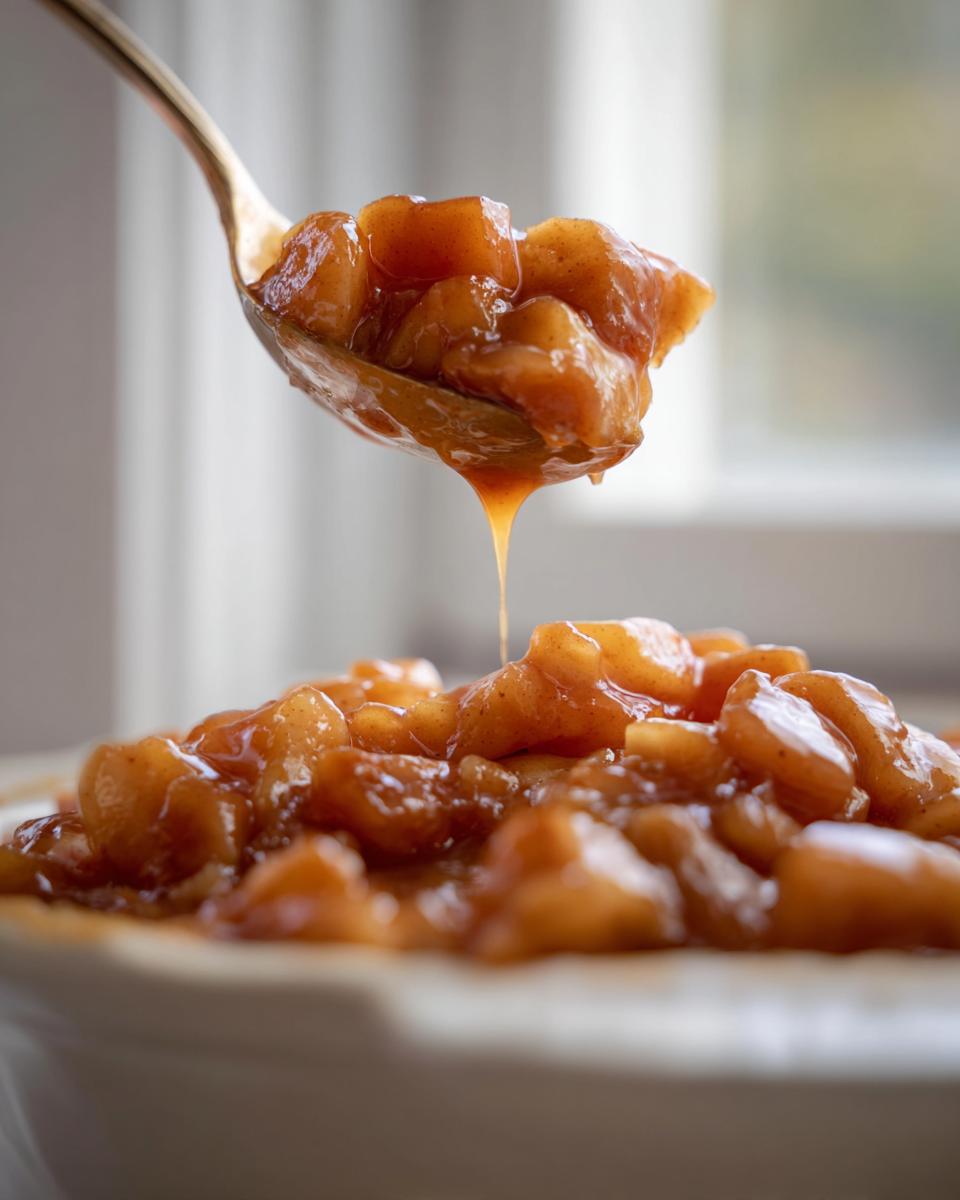 A spoonful of rich, syrupy apple pie filling recipe being lifted above a bowl of the cooked apples.