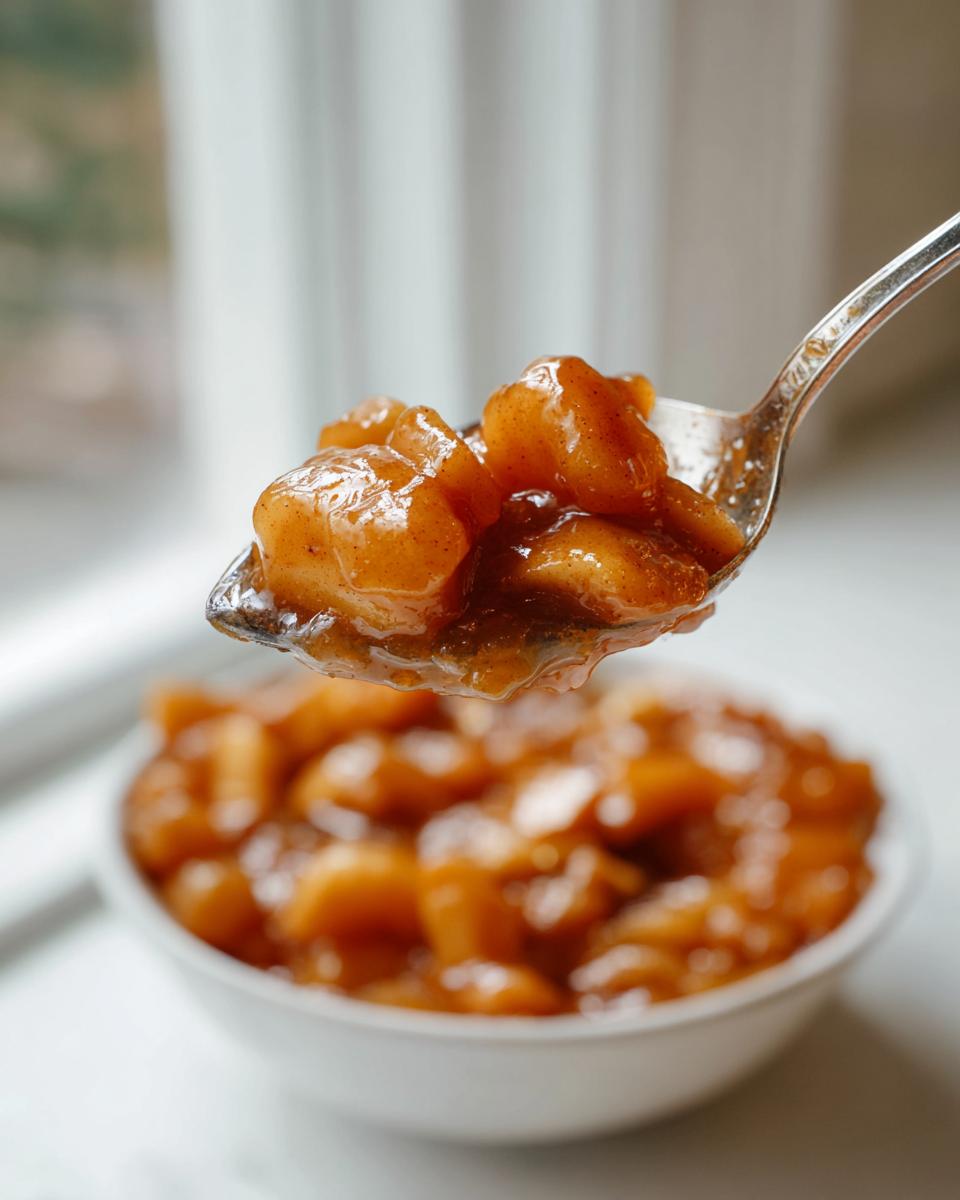 A spoonful of thick, spiced apple pie filling recipe held above a white bowl.