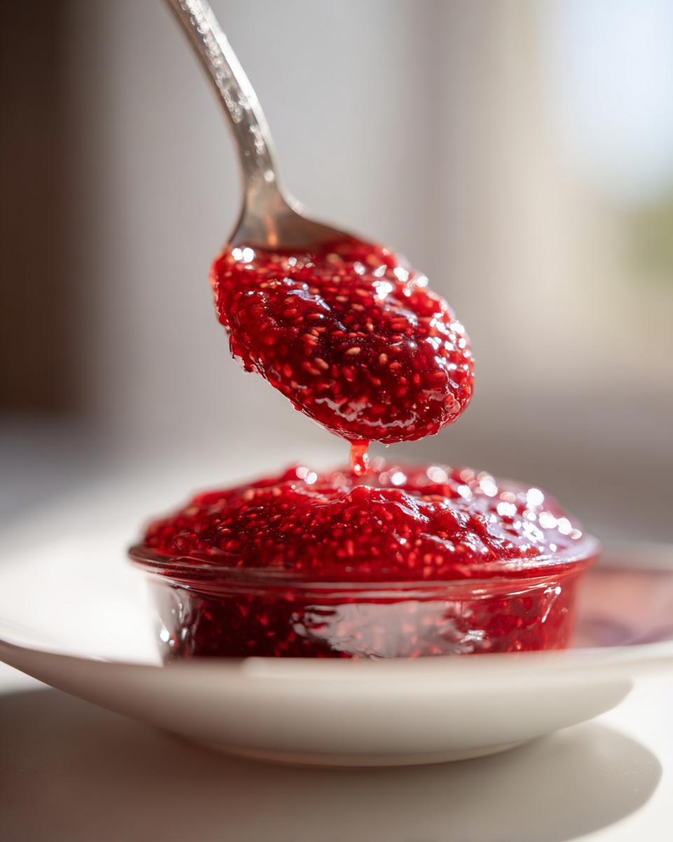 A silver spoon lifts a thick dollop of bright red raspberry jam, showing seeds, over a small glass jar filled with more raspberry jam.