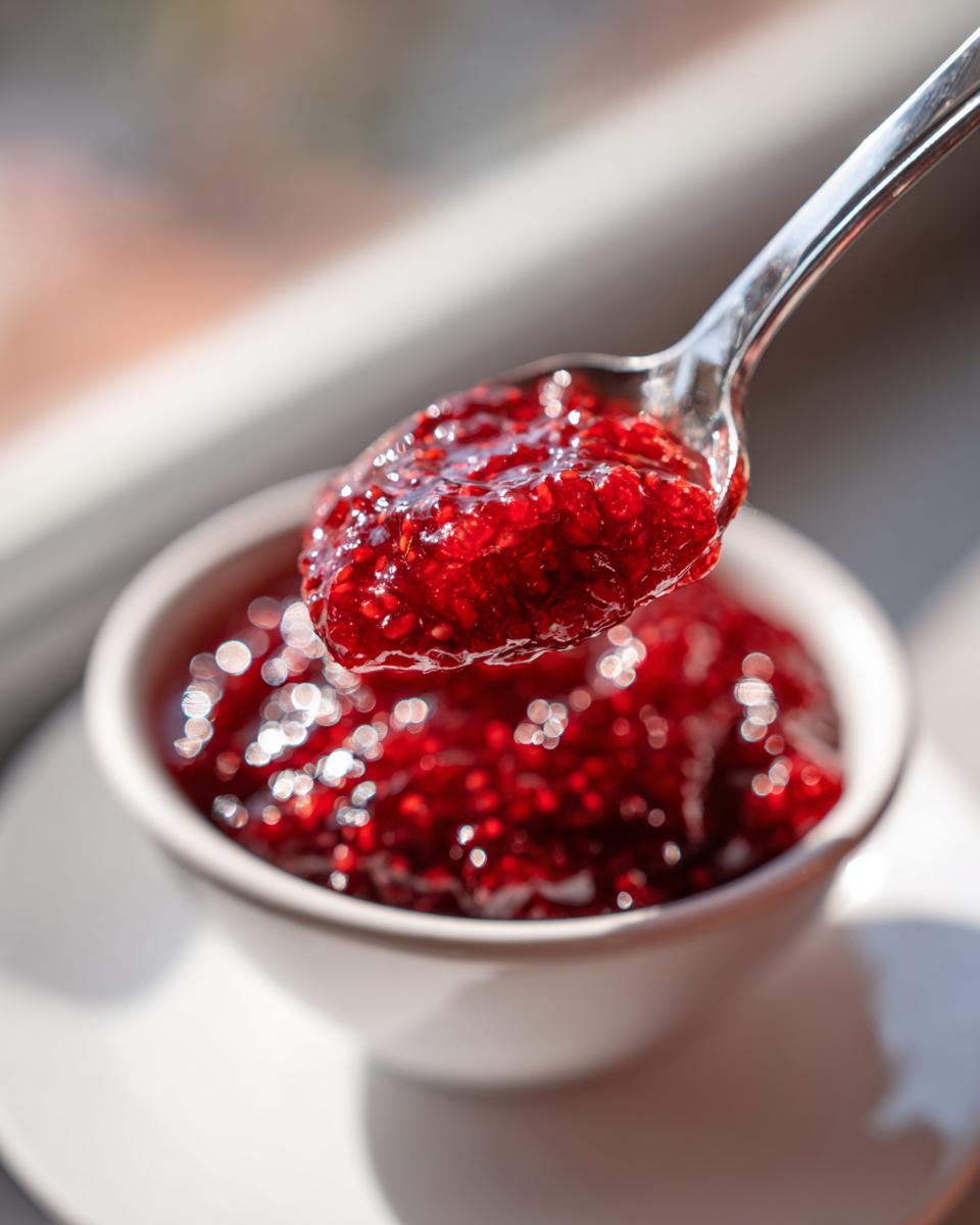 A spoonful of vibrant, chunky homemade raspberry jam being lifted above a small white bowl of the same raspberry jam.