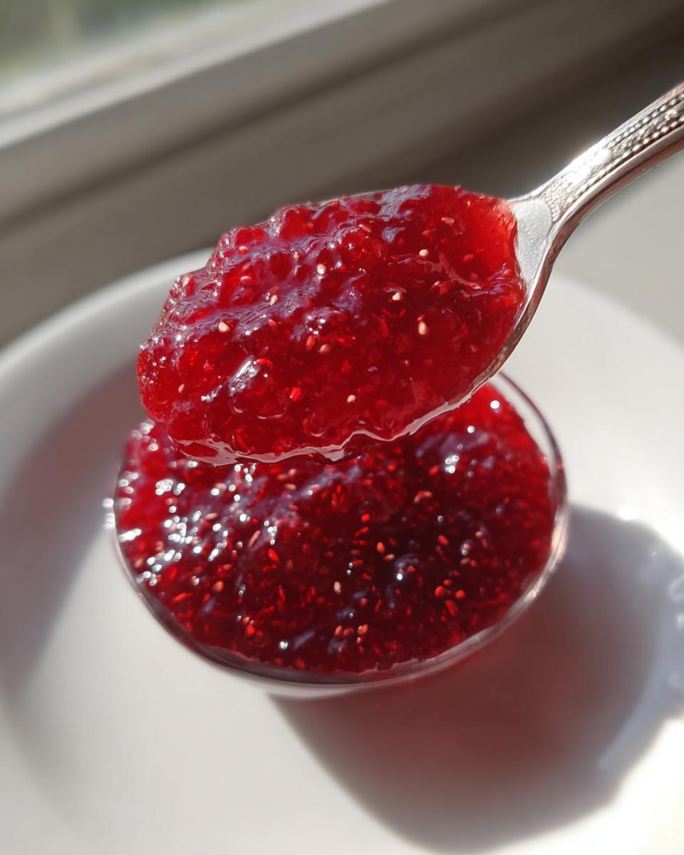 A spoonful of glistening, bright red homemade raspberry jam being lifted from a small glass jar.
