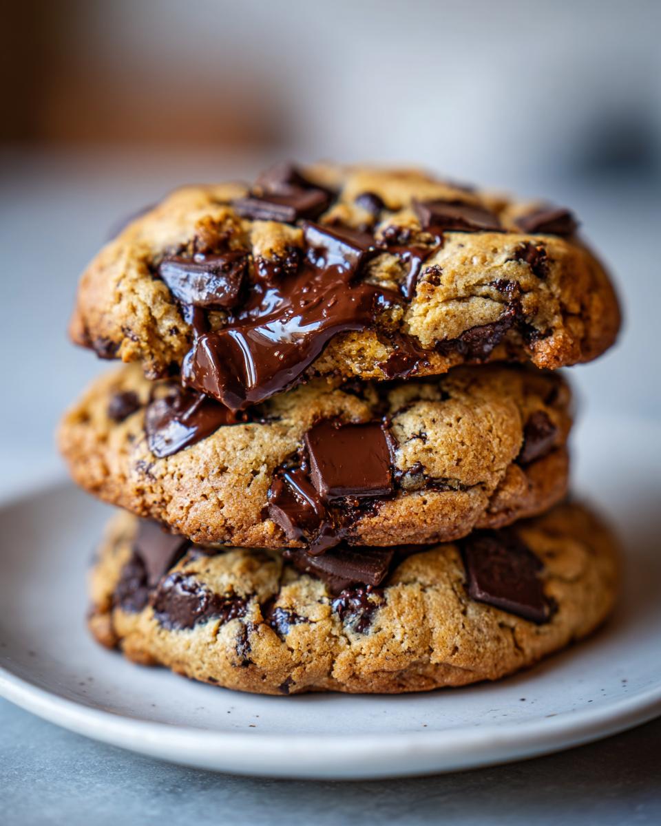 A close-up stack of three thick, golden vegan chocolate chip cookies with melted chocolate chunks.
