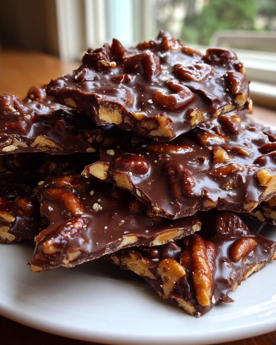 Close-up of stacked, broken pieces of rich pecan pie bark covered in glossy chocolate and sprinkled with sea salt.