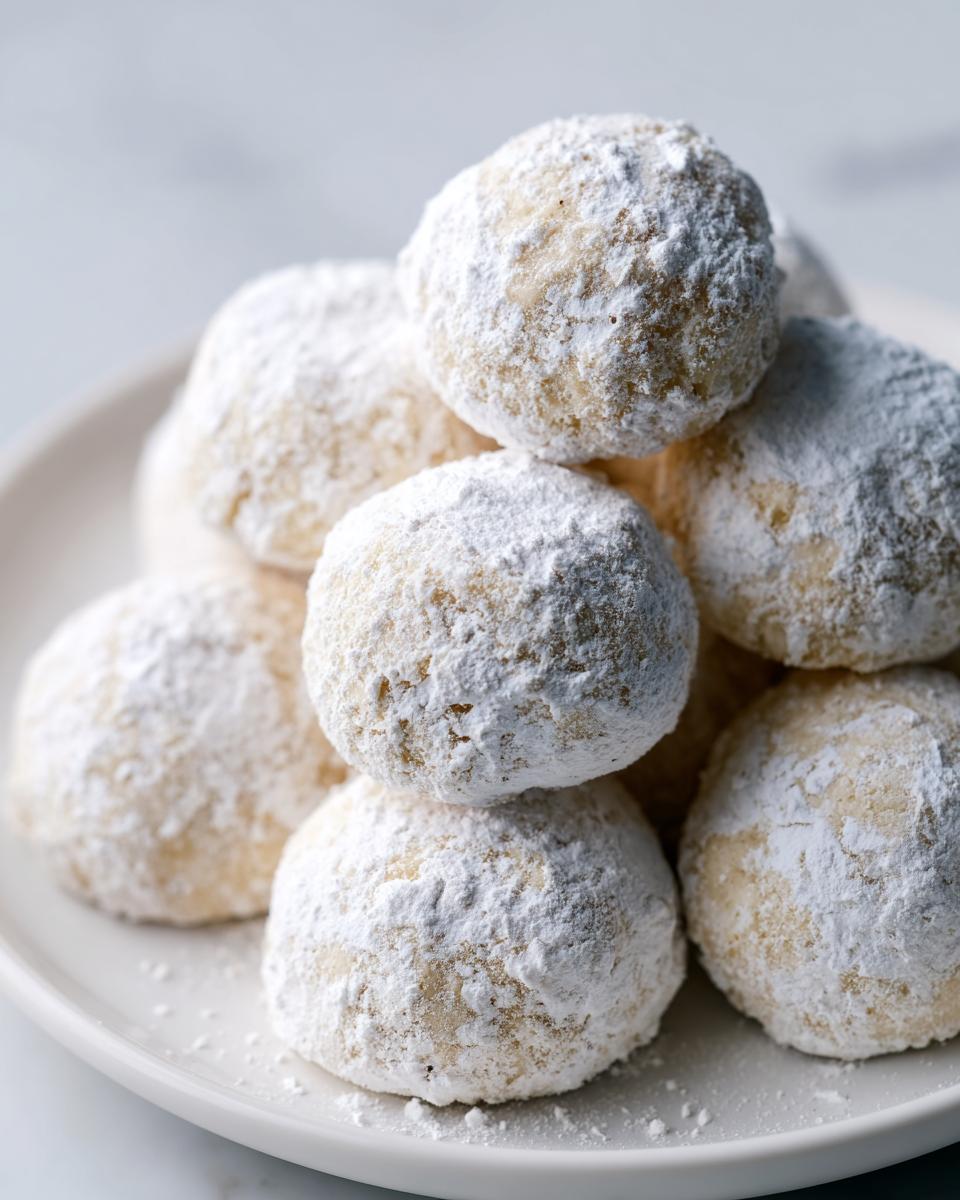 A close-up stack of freshly baked russian tea cakes heavily dusted with white powdered sugar on a white plate.