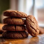 A close-up stack of four soft gingerbread cookies, with one leaning against the side, showing a crackled, sugary surface.