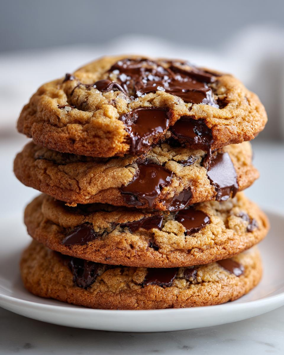 A stack of four thick, gooey vegan chocolate chip cookies topped with melted chocolate and sea salt.