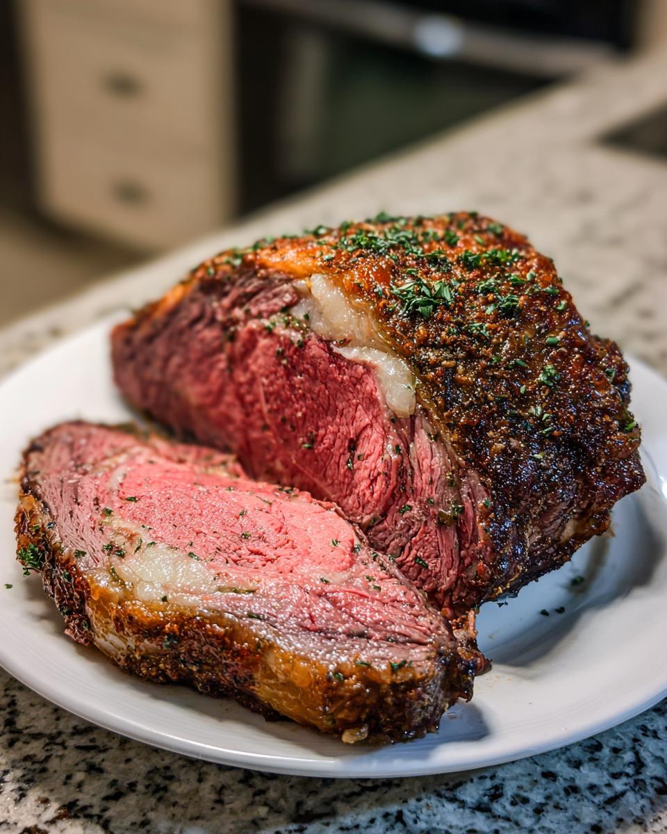 A perfectly cooked standing rib roast, sliced to show medium-rare pink center and dark herb crust.