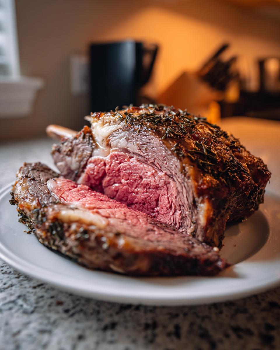 A juicy, medium-rare standing rib roast, sliced to show the pink interior and herb crust, resting on a white plate.