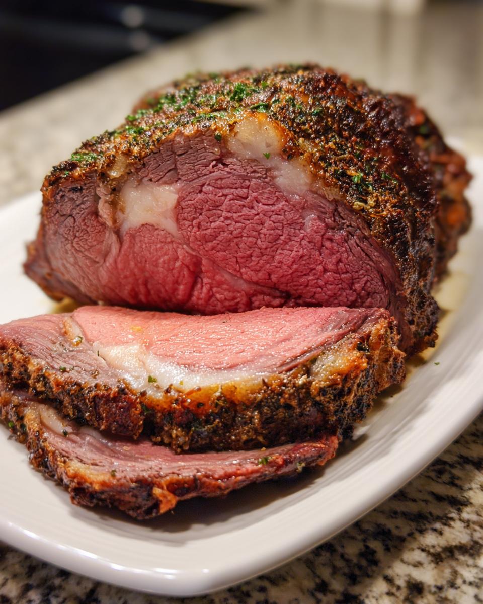 A beautifully cooked standing rib roast, sliced to show medium-rare interior and seasoned crust.