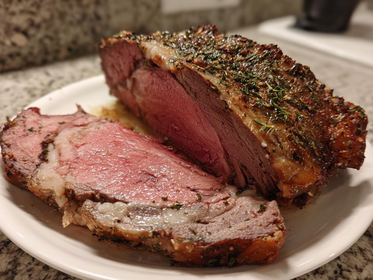 A perfectly cooked standing rib roast, sliced to show medium-rare pink interior and herb crust.