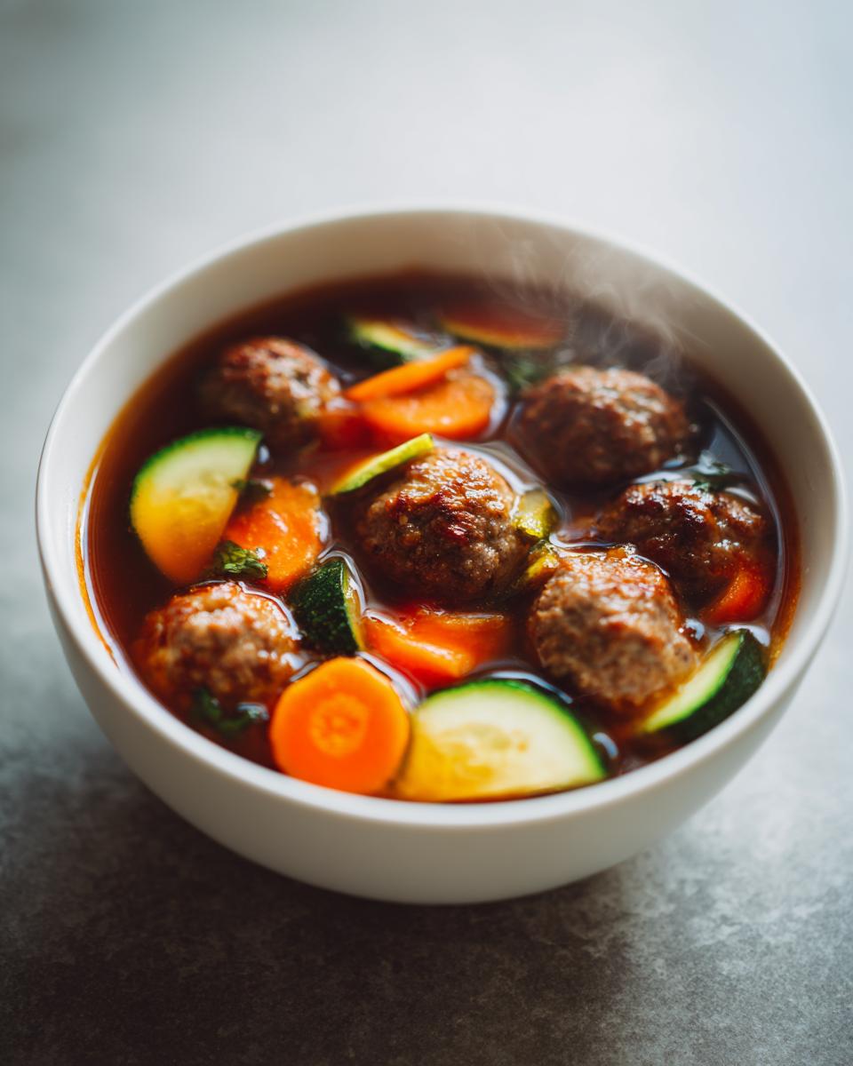 A close-up of a white bowl filled with hot albondigas soup, featuring meatballs, sliced carrots, and zucchini.