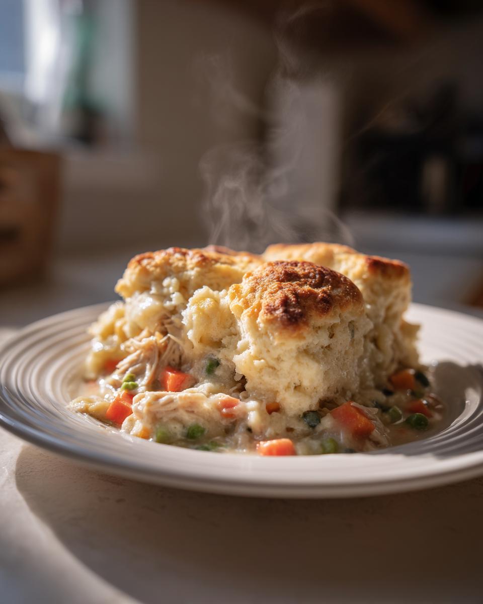 A serving of hot chicken pot pie casserole topped with fluffy biscuits, steaming gently.