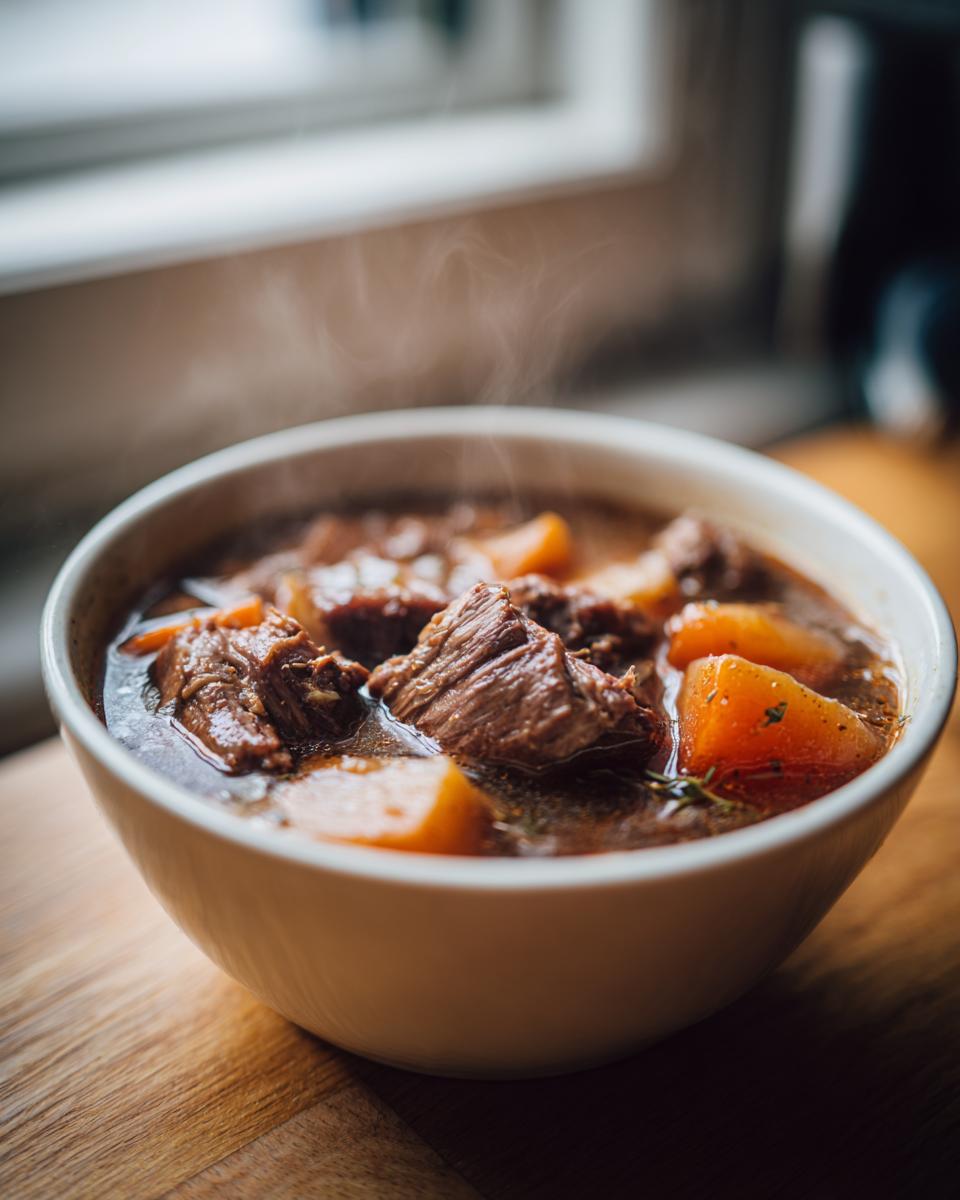 Close-up of a steaming white bowl filled with tender pork stew chunks and carrots on a wooden surface.