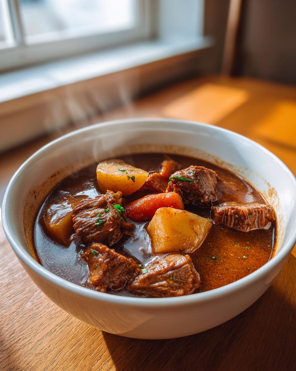 Close-up of a steaming white bowl filled with rich, dark pork stew chunks, potatoes, and carrots.