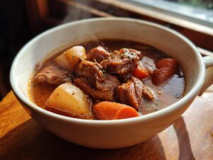 Close-up of a steaming white bowl filled with rich, dark pork stew, featuring tender chunks of meat, potatoes, and carrots.