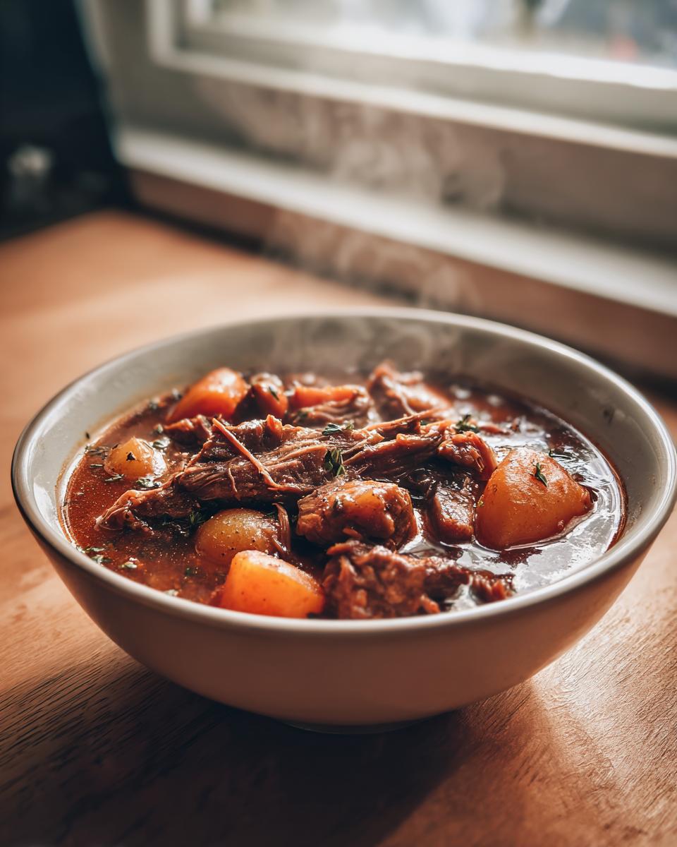 Close-up of a steaming bowl of rich, dark pork stew featuring shredded meat and chunks of potato.