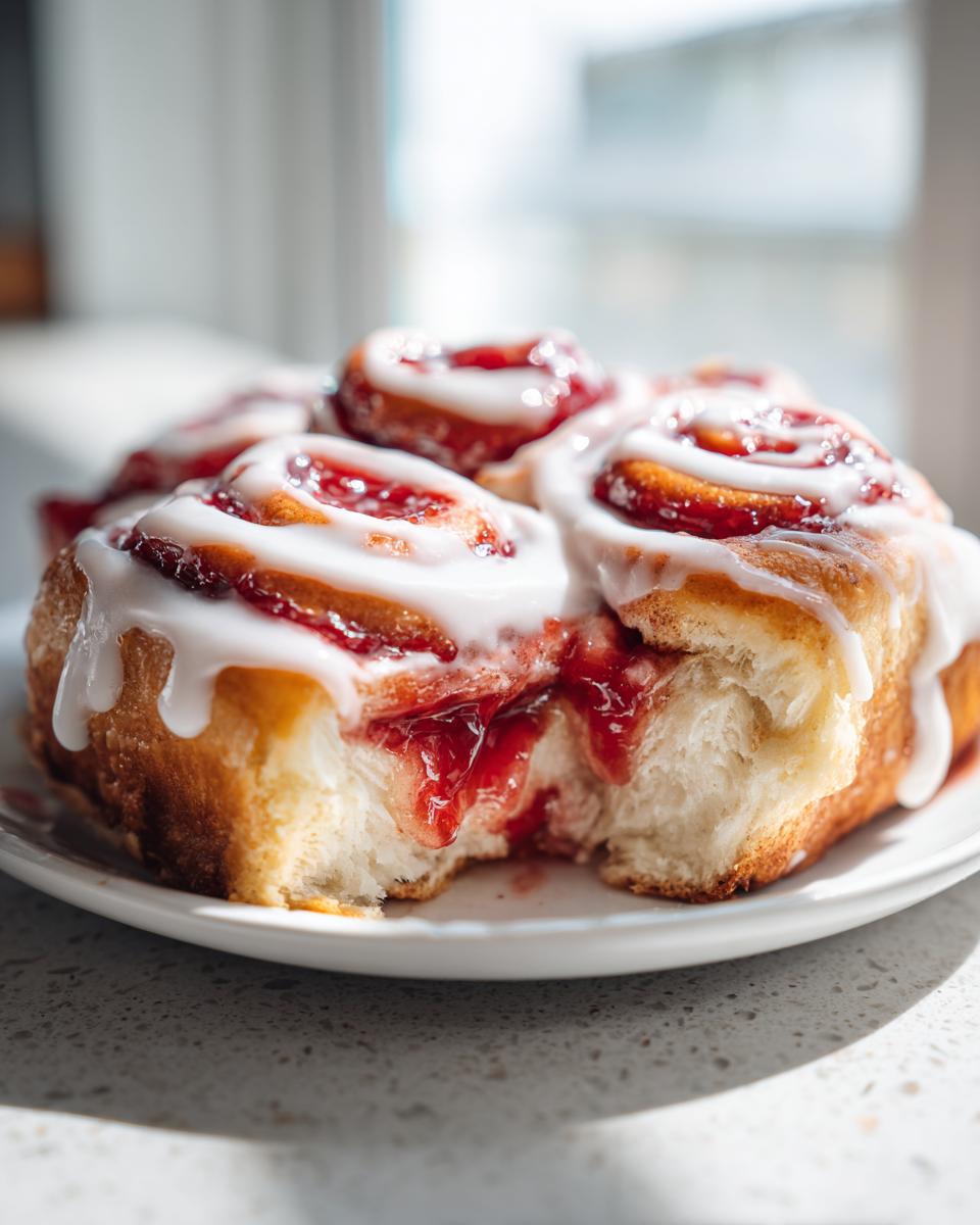 A close-up shot of soft Strawberry Cheesecake Sweet Rolls topped with white icing, one roll has a bite taken out showing the filling.