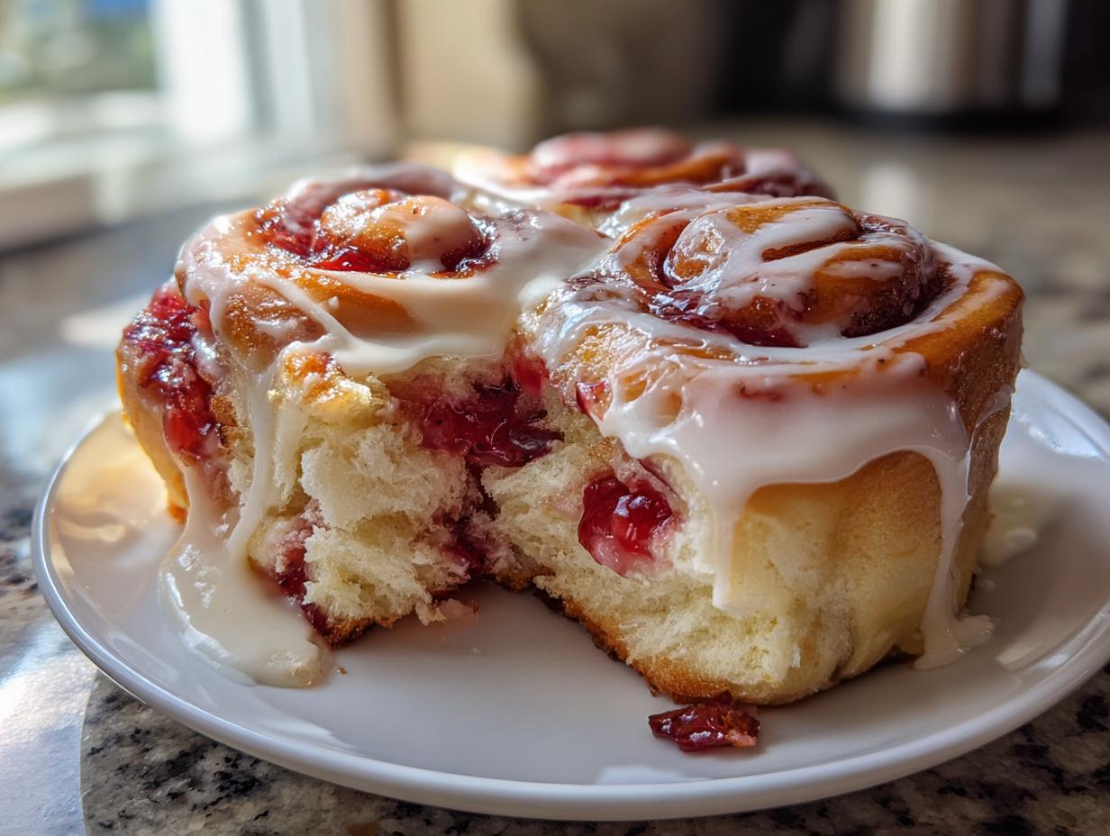 A close-up of soft Strawberry Cheesecake Sweet Rolls covered in thick white icing, with one roll pulled apart.