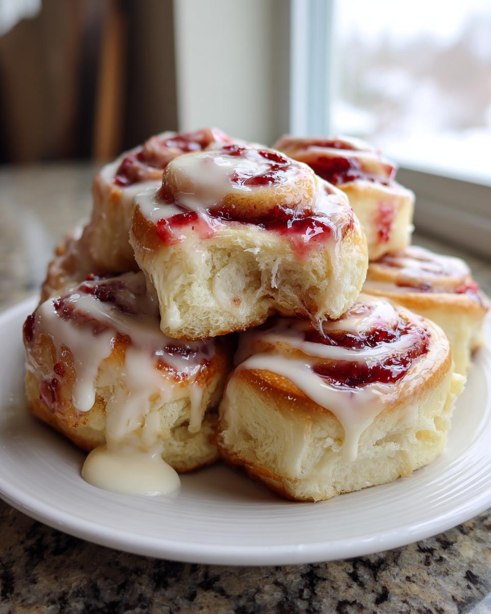 A stack of warm Strawberry Cheesecake Sweet Rolls generously topped with white cream cheese icing and strawberry filling.