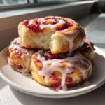 A stack of three fluffy Strawberry Cheesecake Sweet Rolls drizzled with white icing, one roll broken open to show the texture.