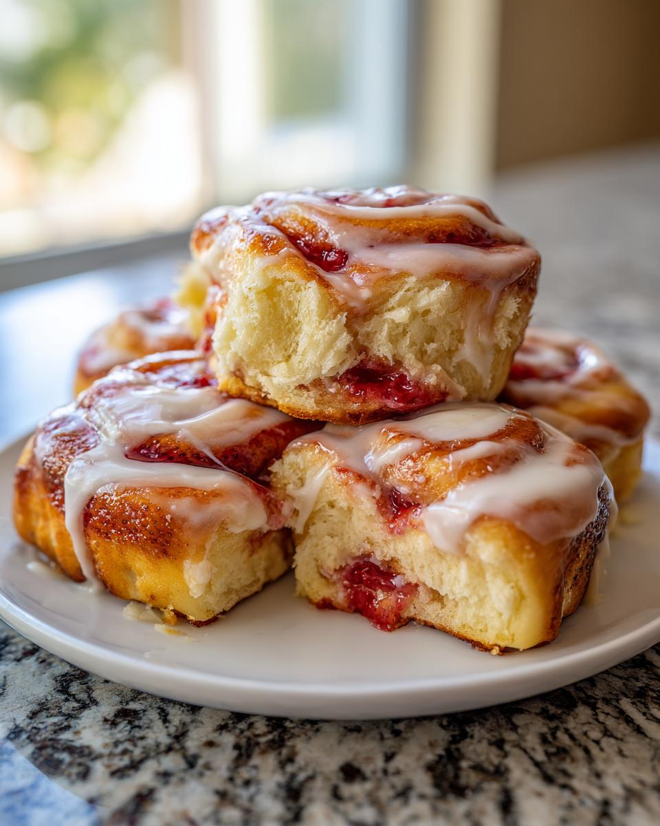 A stack of soft Strawberry Cheesecake Sweet Rolls drizzled with white cream cheese icing on a white plate.