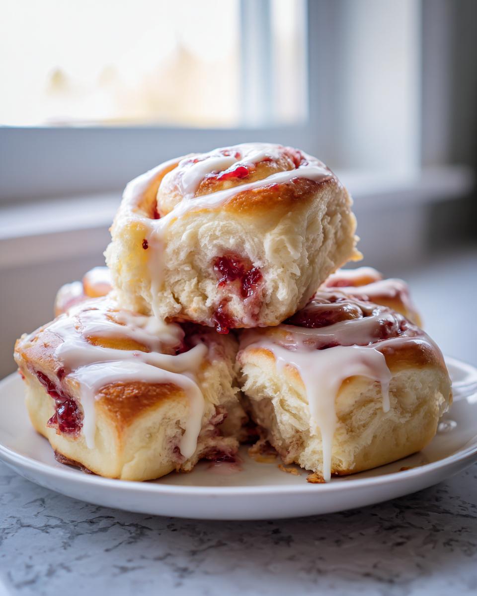 A stack of soft Strawberry Cheesecake Sweet Rolls drizzled with white icing, showing the gooey strawberry filling inside.