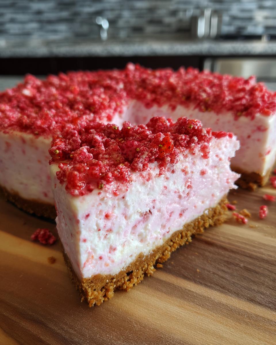 A close-up of a slice of pink and white strawberry crunch cheesecake with a graham cracker crust.