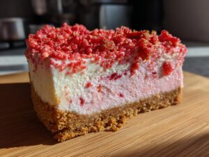 Close-up of a perfect slice of strawberry crunch cheesecake with a graham cracker crust and red crumble topping.