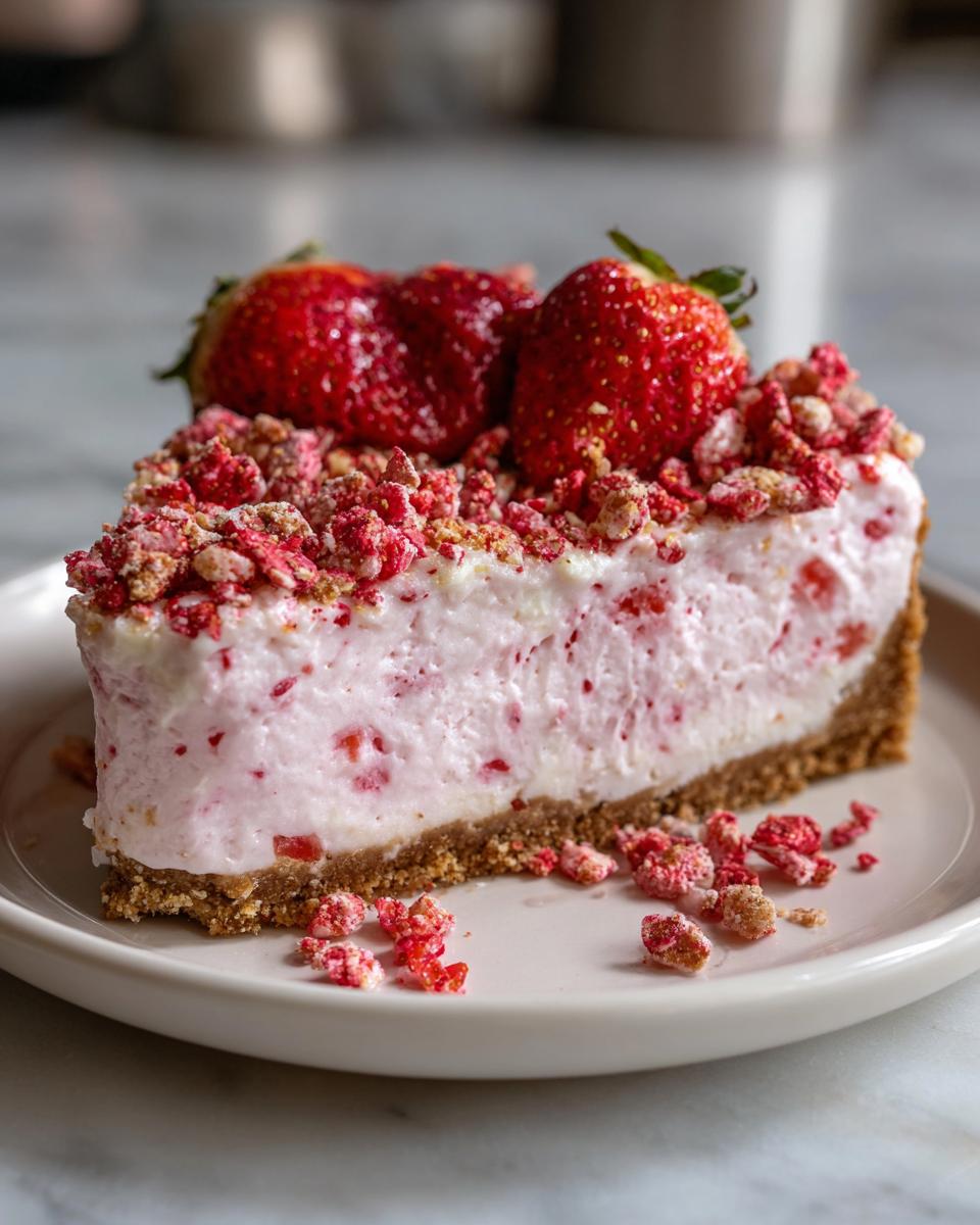 A close-up of a slice of strawberry crunch cheesecake topped with fresh strawberries and pink crunch pieces.