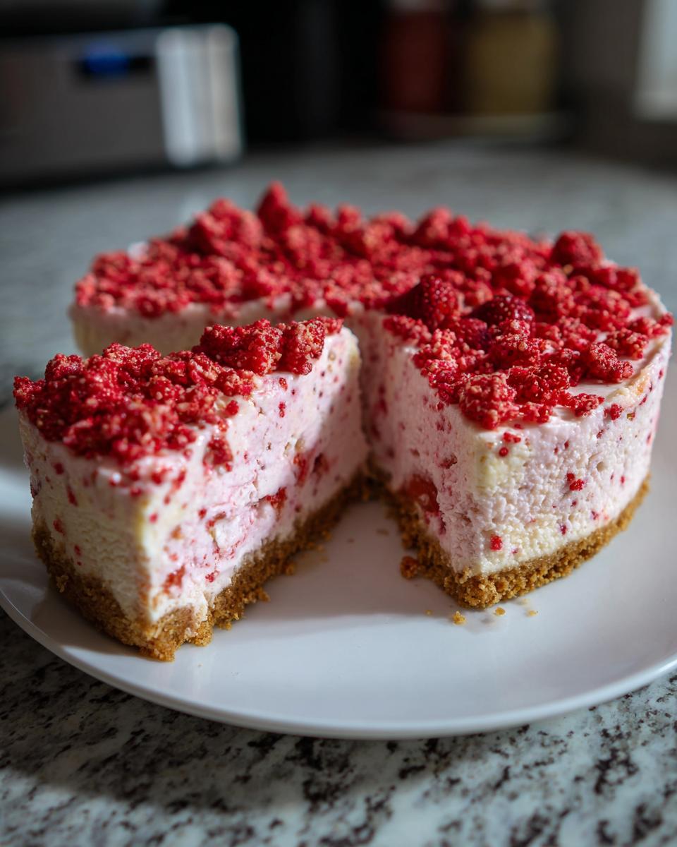 A whole strawberry crunch cheesecake with one slice cut out, showing the pink filling and graham cracker crust.