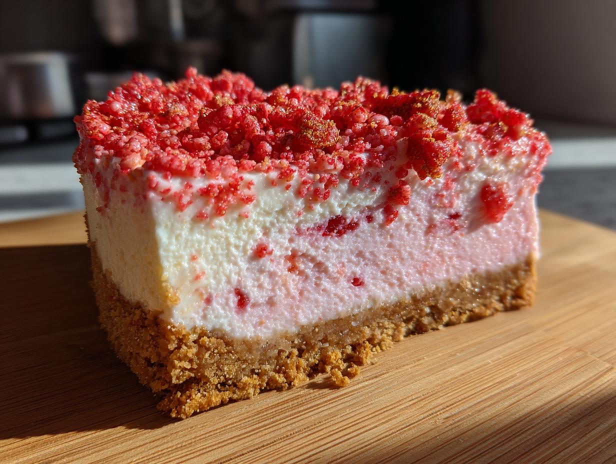 Close-up of a perfect slice of strawberry crunch cheesecake with a graham cracker crust and red crumble topping.