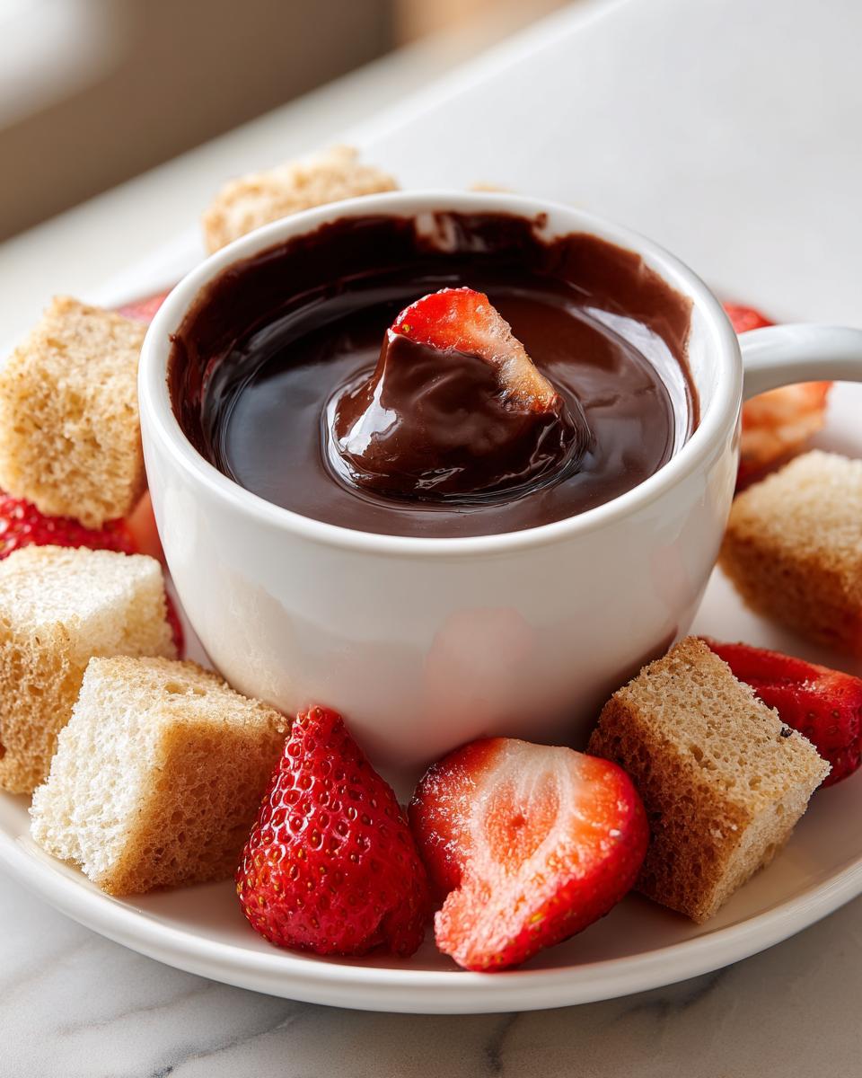 A strawberry being dipped into rich, melted chocolate fondue served in a white mug.