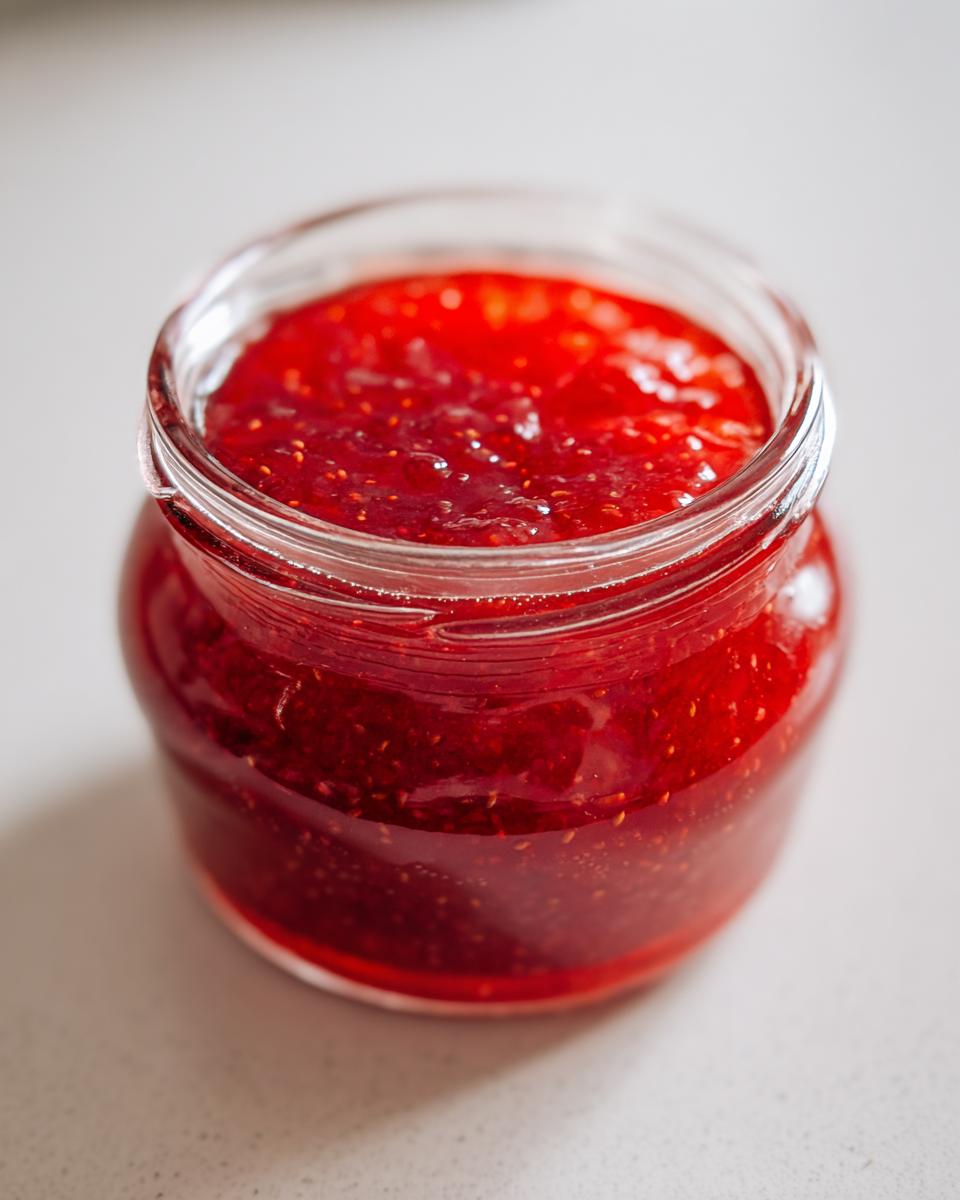 Close-up of a small glass jar filled with vibrant, chunky strawberry freezer jam.