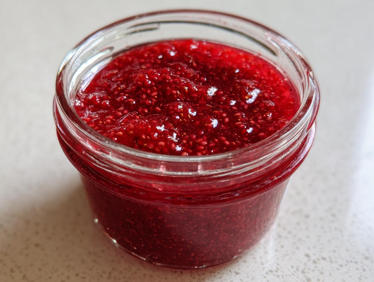Close-up of bright red, seedy strawberry freezer jam filling a small glass jar.