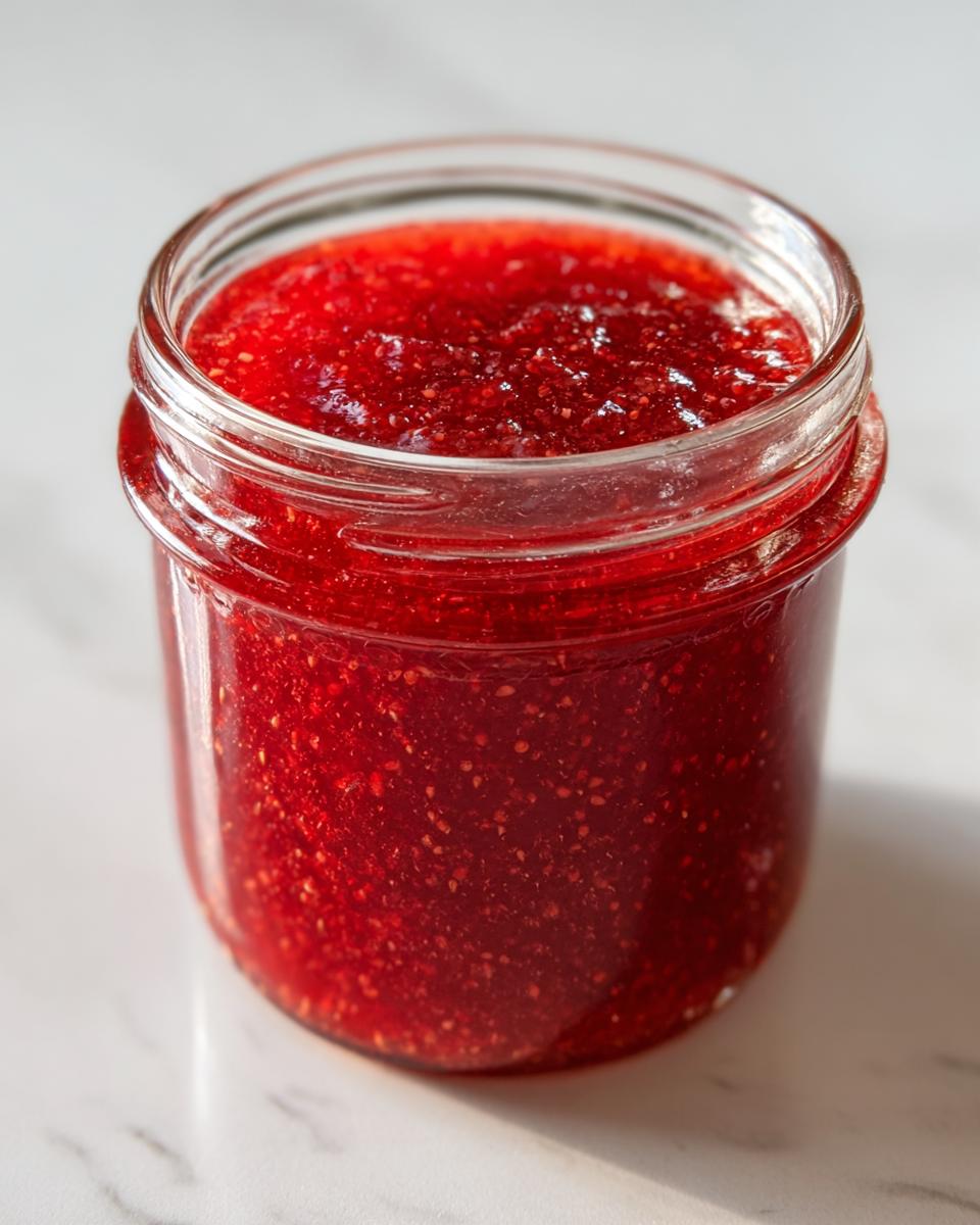 Close-up of a glass jar filled with bright red, textured strawberry freezer jam, showing visible seeds.
