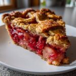 A close-up slice of strawberry rhubarb pie showing the bright red filling and golden lattice crust on a white plate.