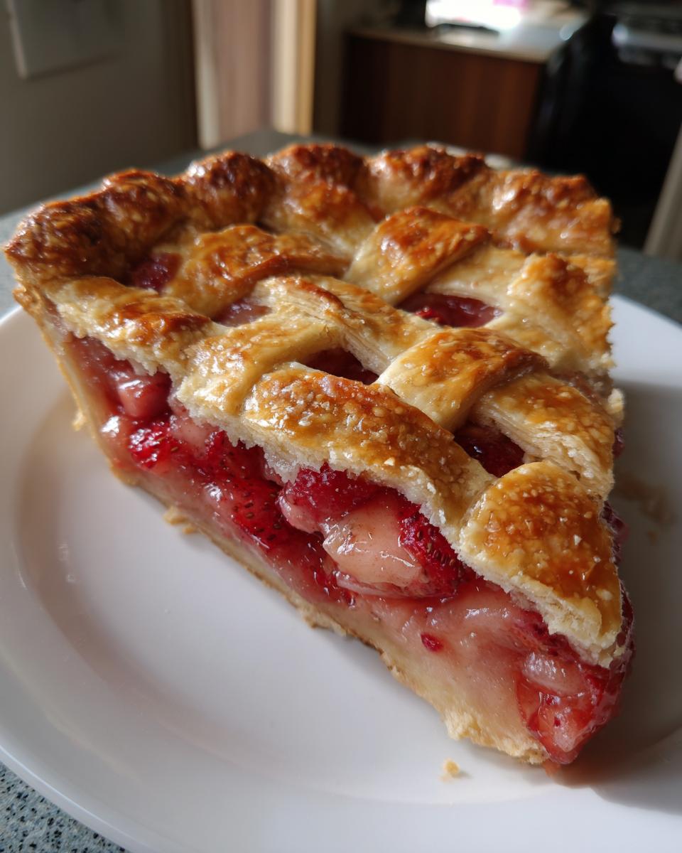 A close-up of a slice of strawberry rhubarb pie featuring a glossy, golden lattice crust and vibrant red filling.