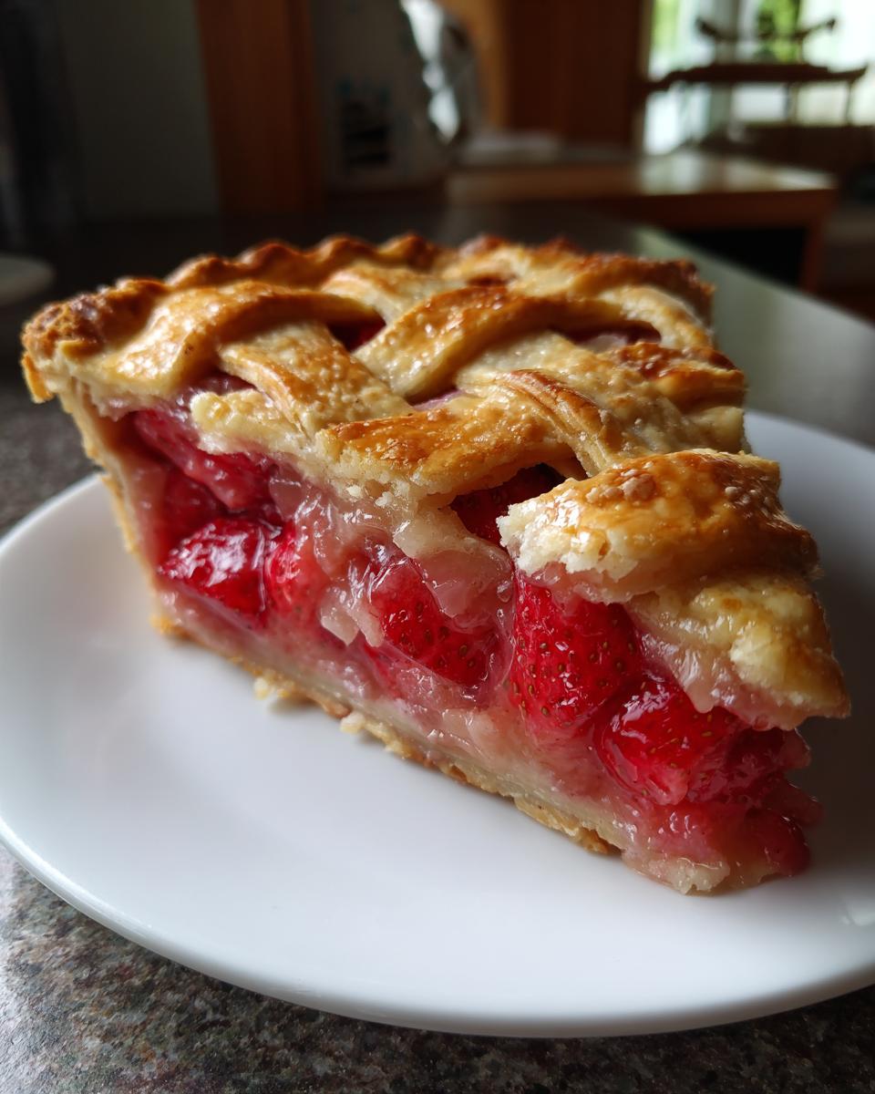 A close-up of a thick slice of strawberry rhubarb pie showing juicy filling and a golden lattice crust.