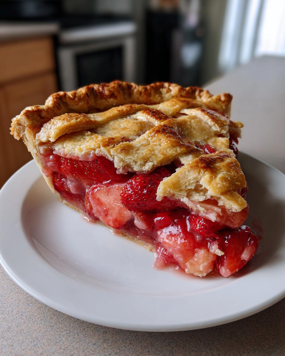 A close-up slice of amazing strawberry rhubarb pie showing juicy red filling and a flaky golden lattice crust.