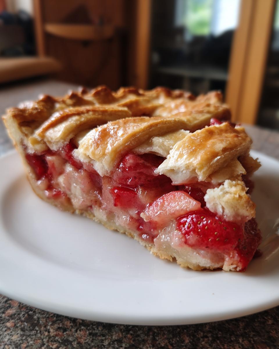 Close-up of a thick slice of strawberry rhubarb pie showing juicy filling and a golden lattice crust.