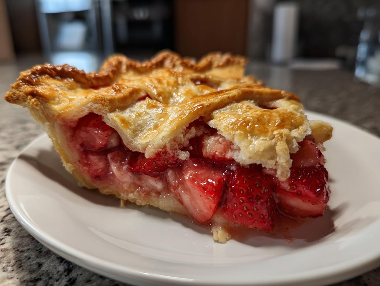 A close-up of a thick slice of strawberry rhubarb pie showing juicy strawberry filling and a golden lattice crust.