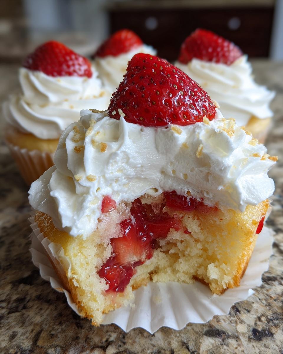 Close-up of a strawberry shortcake cupcakes with a bite taken out, revealing strawberry filling inside the vanilla cake.