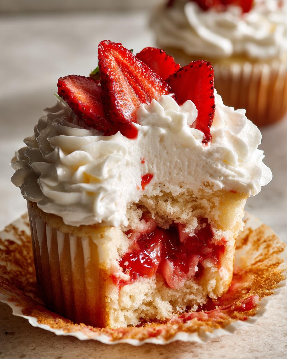 Close-up of a strawberry shortcake cupcakes with a bite taken out, revealing jam filling and whipped topping with fresh strawberries.