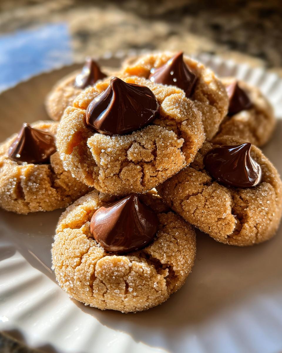 A stack of freshly baked, sugar-coated peanut butter blossoms cookies topped with melted chocolate kisses.