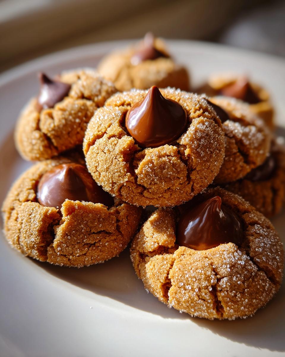 A close-up stack of freshly baked peanut butter blossoms, coated in sugar, each topped with a melted chocolate kiss.
