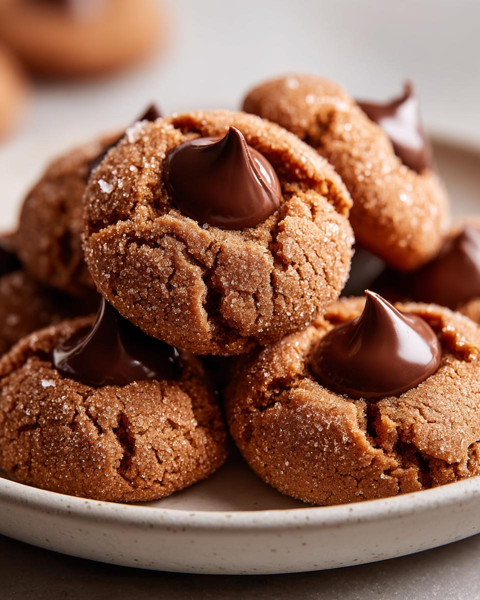 A close-up stack of rich, brown peanut butter blossoms cookies rolled in sugar, each topped with a melted chocolate kiss.