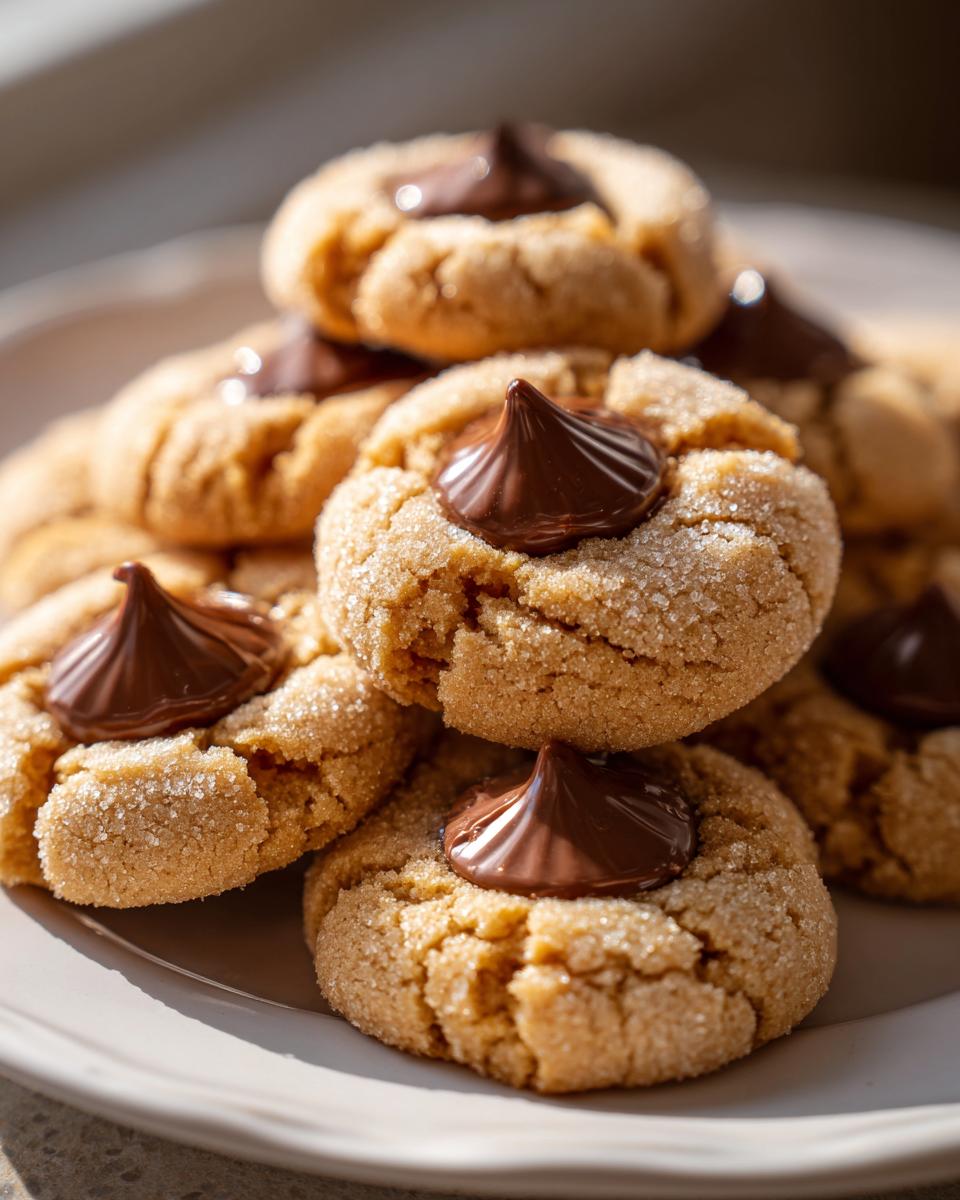A close-up stack of freshly baked peanut butter blossoms, rolled in sugar and topped with a chocolate kiss.