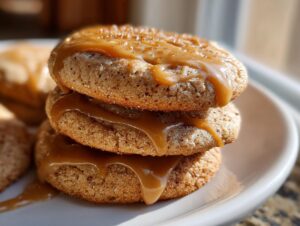 Close-up of three stacked maple cookies generously drizzled with thick, glossy caramel icing.