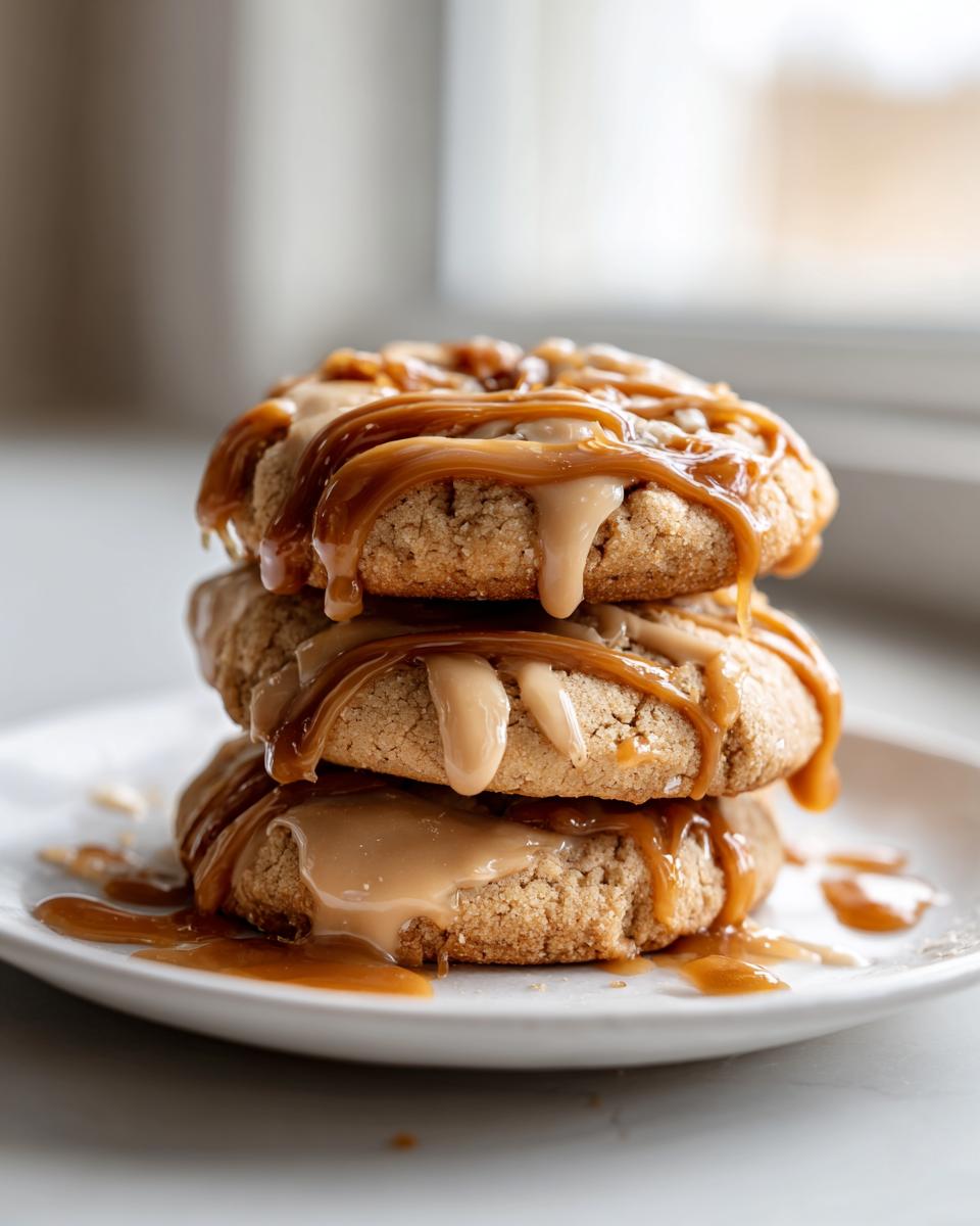 Three stacked maple cookies generously drizzled with thick, flowing caramel-colored icing.