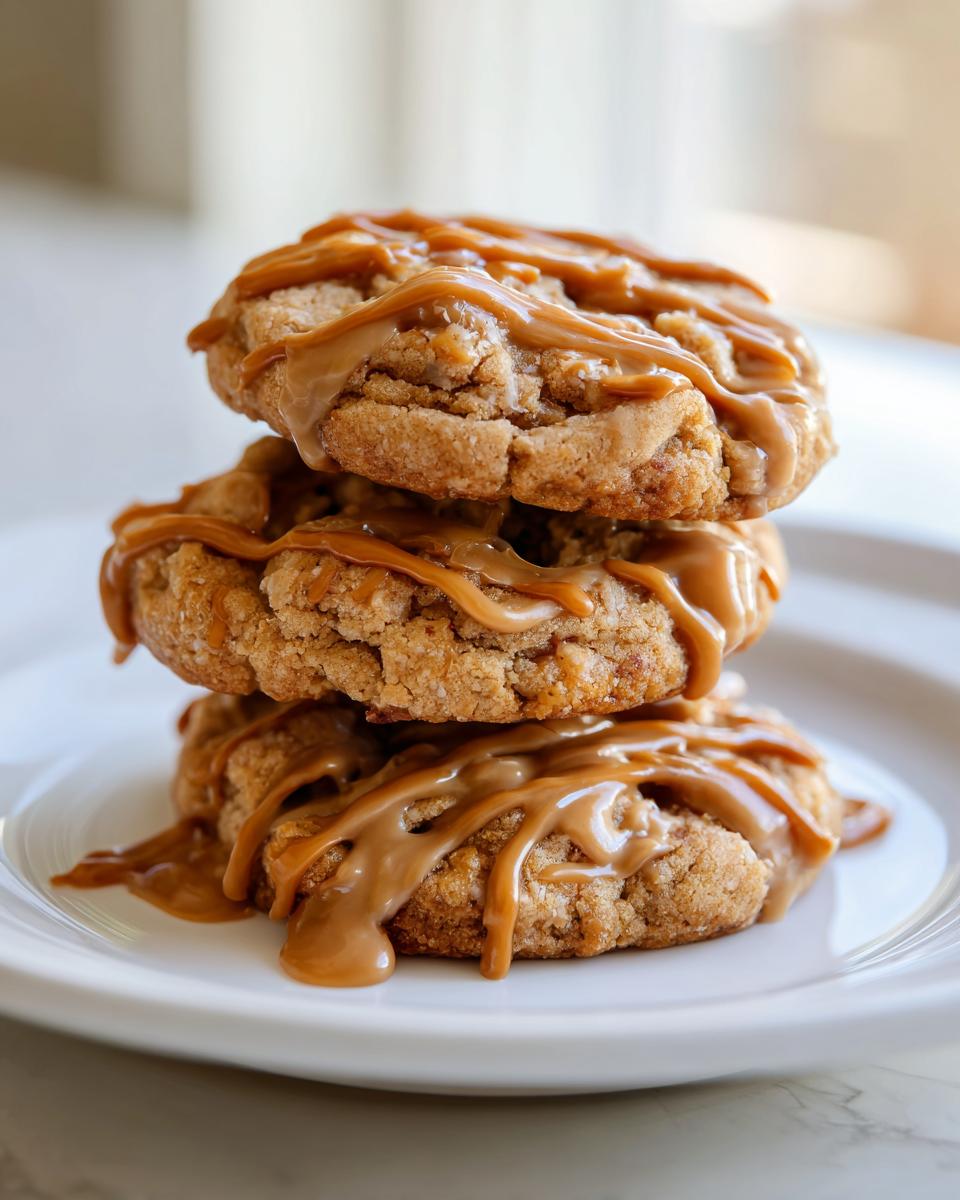 A stack of three soft maple cookies drizzled generously with thick, glossy caramel icing.